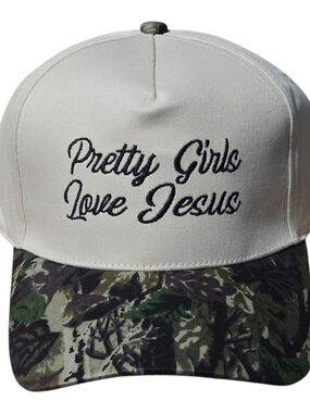 Zenana Pretty Girls Love Jesus Embroidered Cap - Cream with Camo Brim